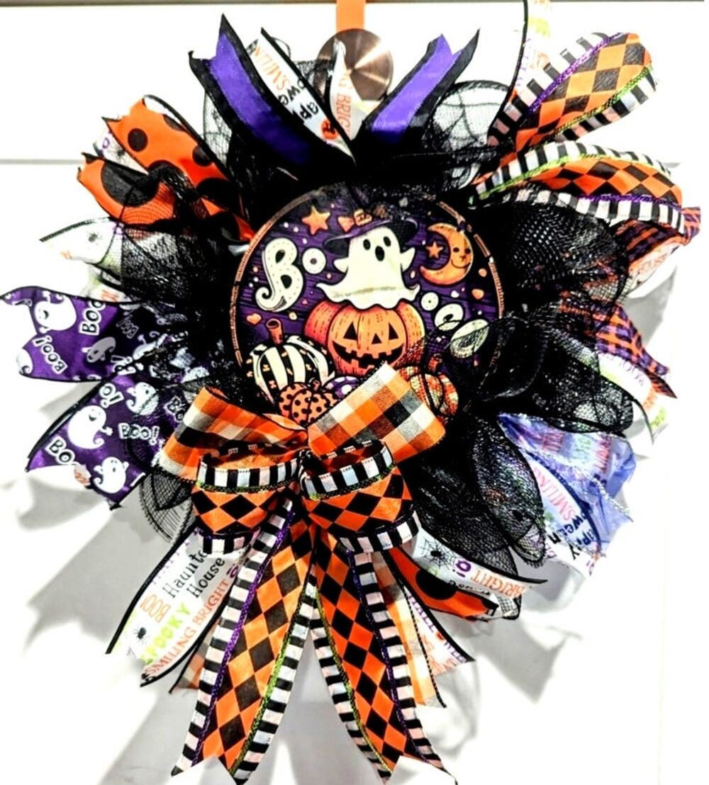 Halloween Wreath with Ghost sign jack o lantern pumpkin witch moon boo purple